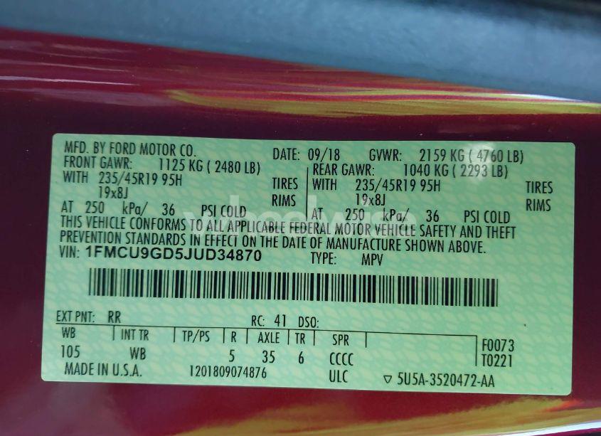 Photo 9 of 2018 Ford Escape SE (VIN 1FMCU9GD5JUD34870)