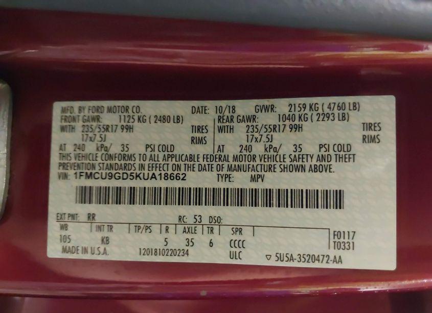 Photo 9 of 2019 Ford Escape SE (VIN 1FMCU9GD5KUA18662)