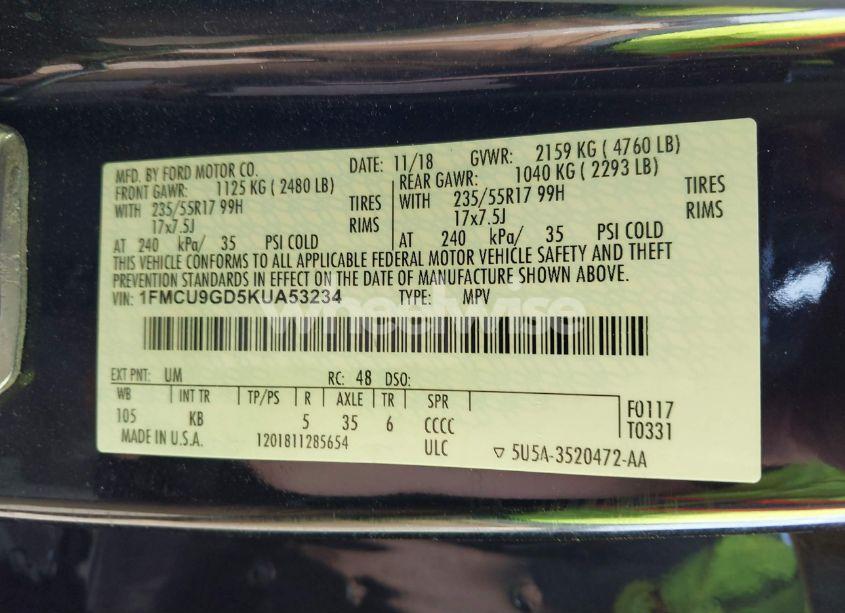 Photo 9 of 2019 Ford Escape SE (VIN 1FMCU9GD5KUA53234)