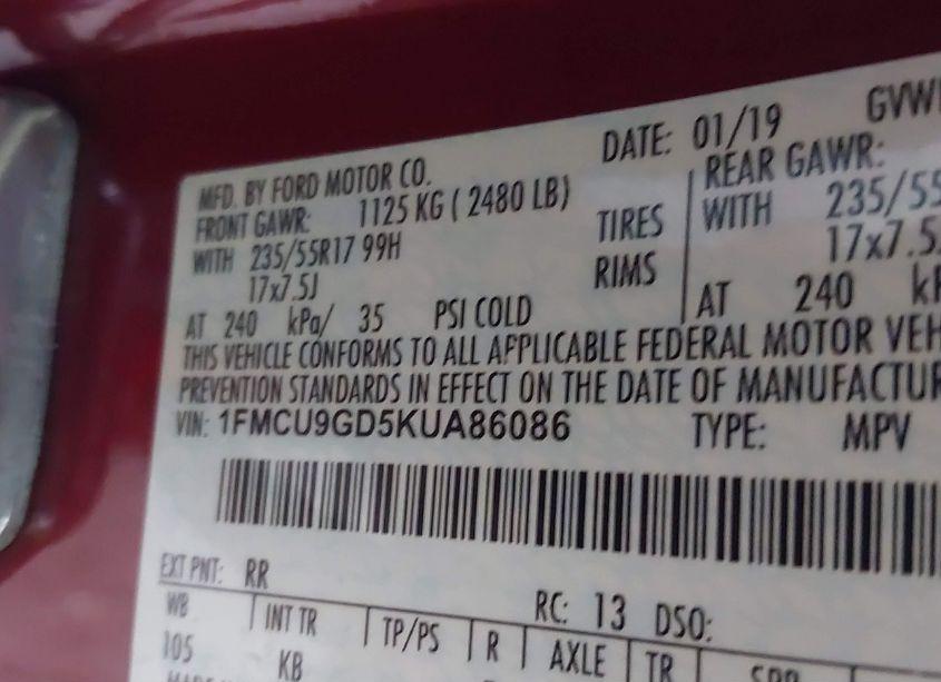 Photo 9 of 2019 Ford Escape SE (VIN 1FMCU9GD5KUA86086)