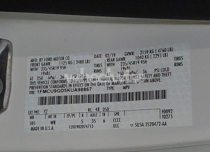 Photo 9 of 2019 Ford Escape SE (VIN 1FMCU9GD5KUA98867)