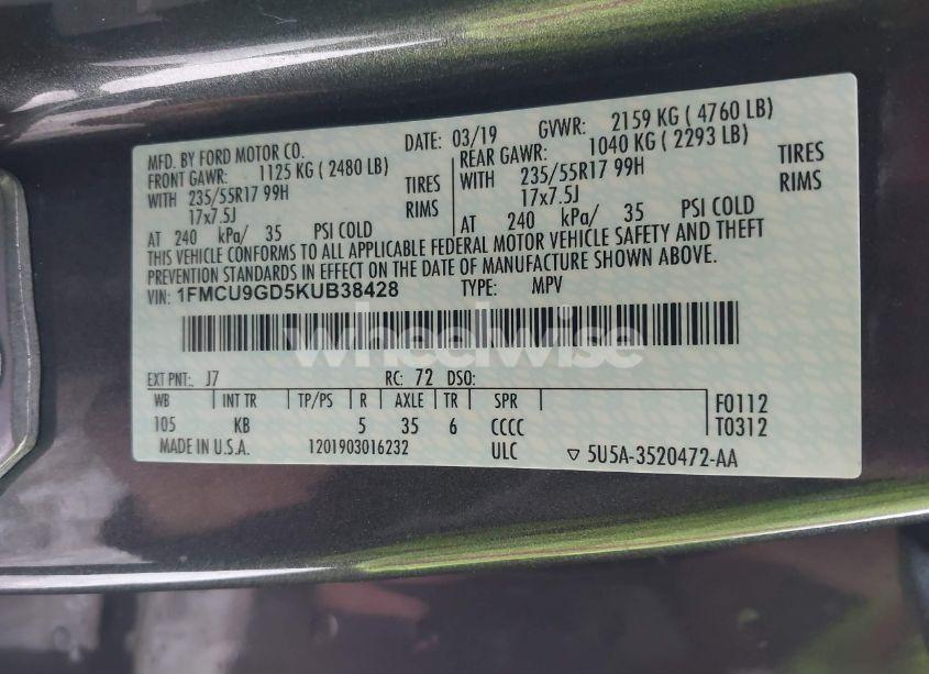 Photo 9 of 2019 Ford Escape SE (VIN 1FMCU9GD5KUB38428)