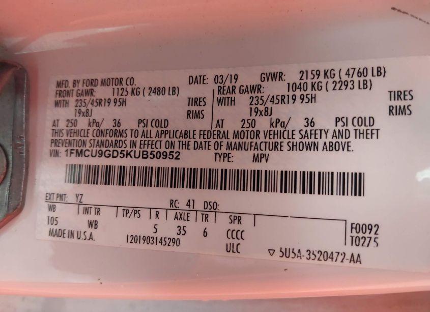 Photo 9 of 2019 Ford Escape SE (VIN 1FMCU9GD5KUB50952)