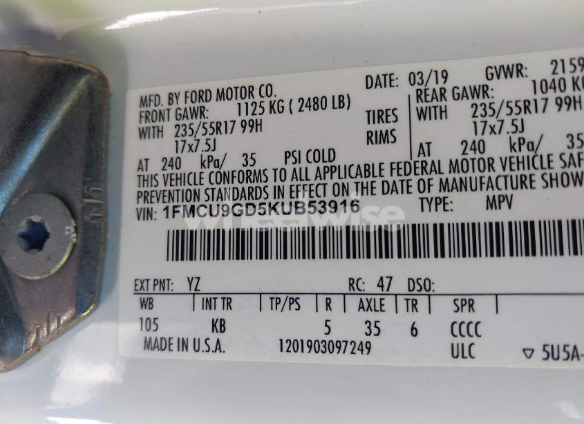 Photo 9 of 2019 Ford Escape SE (VIN 1FMCU9GD5KUB53916)