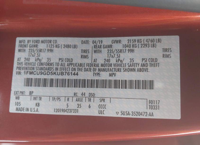 Photo 9 of 2019 Ford Escape SE (VIN 1FMCU9GD5KUB76144)