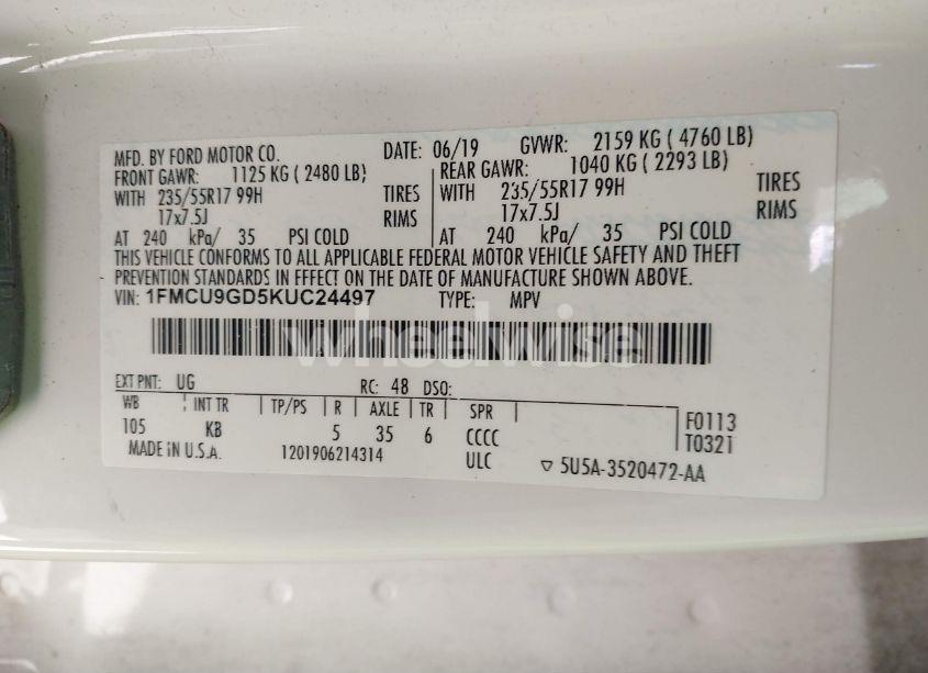 Photo 9 of 2019 Ford Escape SE (VIN 1FMCU9GD5KUC24497)