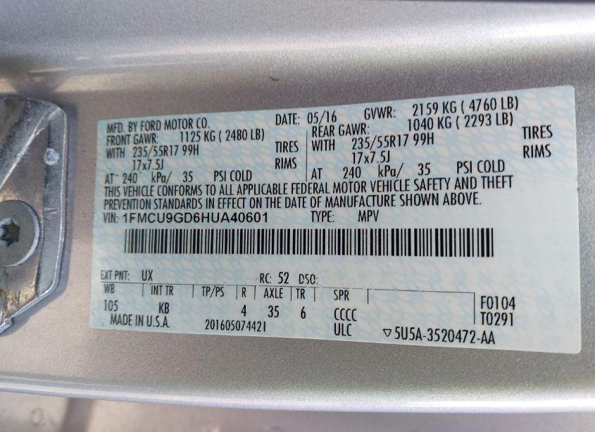 Photo 9 of 2017 Ford Escape SE (VIN 1FMCU9GD6HUA40601)