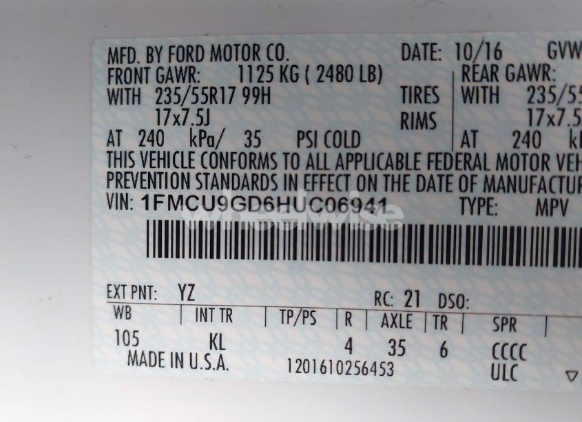 Photo 9 of 2017 Ford Escape SE (VIN 1FMCU9GD6HUC06941)