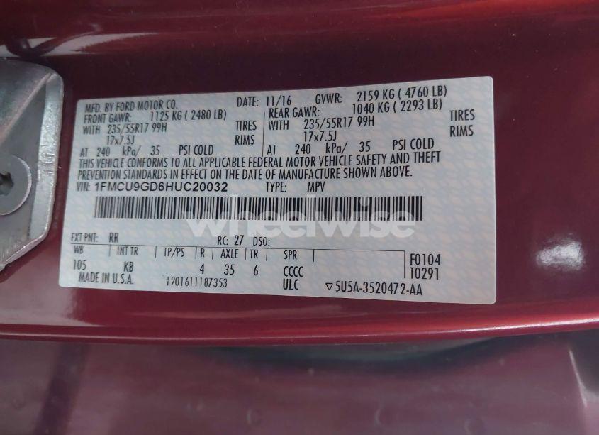 Photo 9 of 2017 Ford Escape SE (VIN 1FMCU9GD6HUC20032)