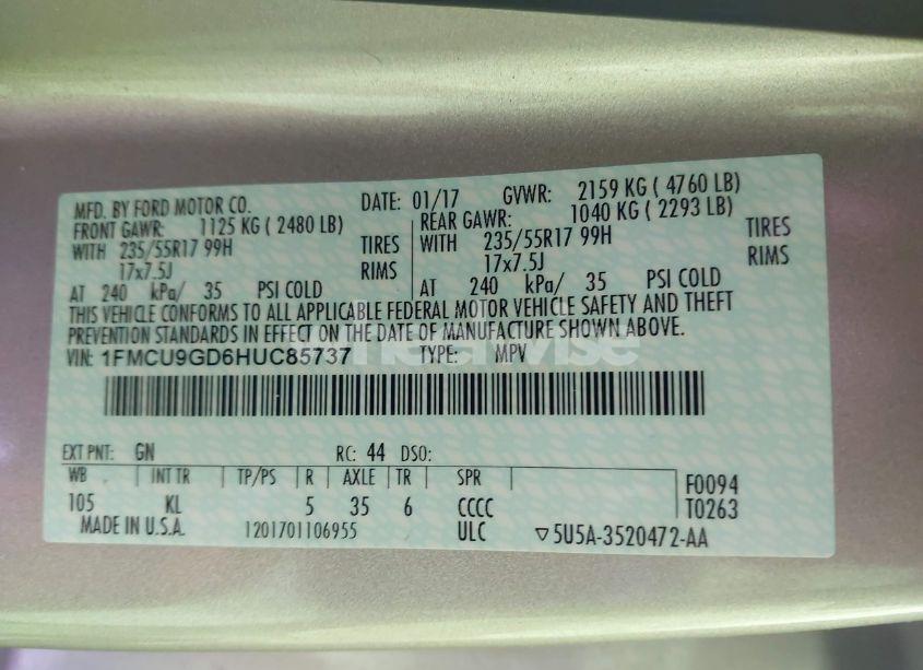 Photo 9 of 2017 Ford Escape SE (VIN 1FMCU9GD6HUC85737)