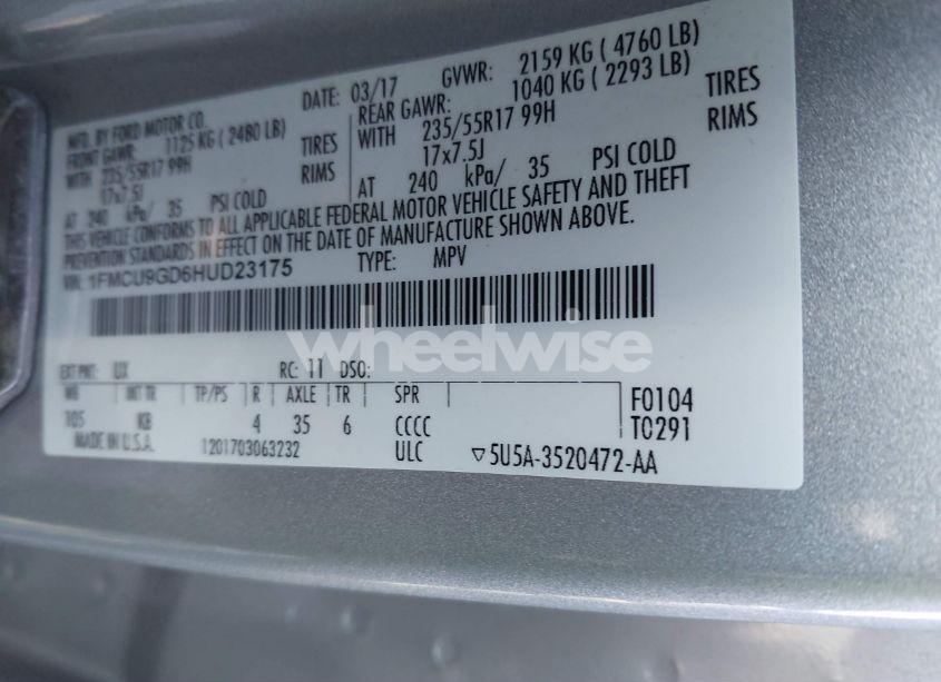 Photo 9 of 2017 Ford Escape SE (VIN 1FMCU9GD6HUD23175)