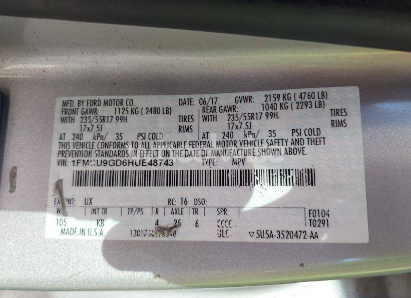 Photo 9 of 2017 Ford Escape SE (VIN 1FMCU9GD6HUE48743)