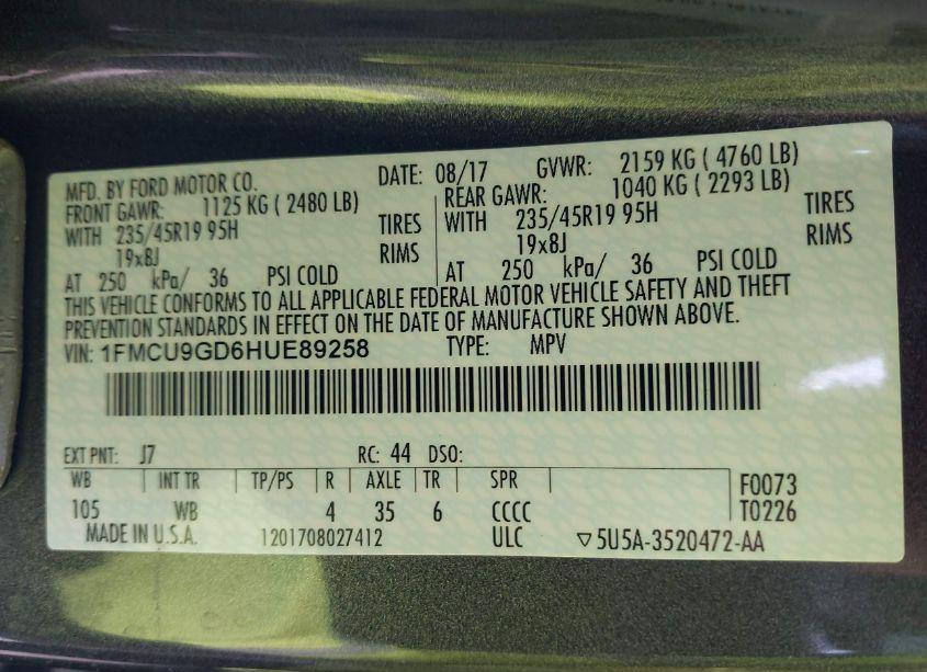 Photo 9 of 2017 Ford Escape SE (VIN 1FMCU9GD6HUE89258)