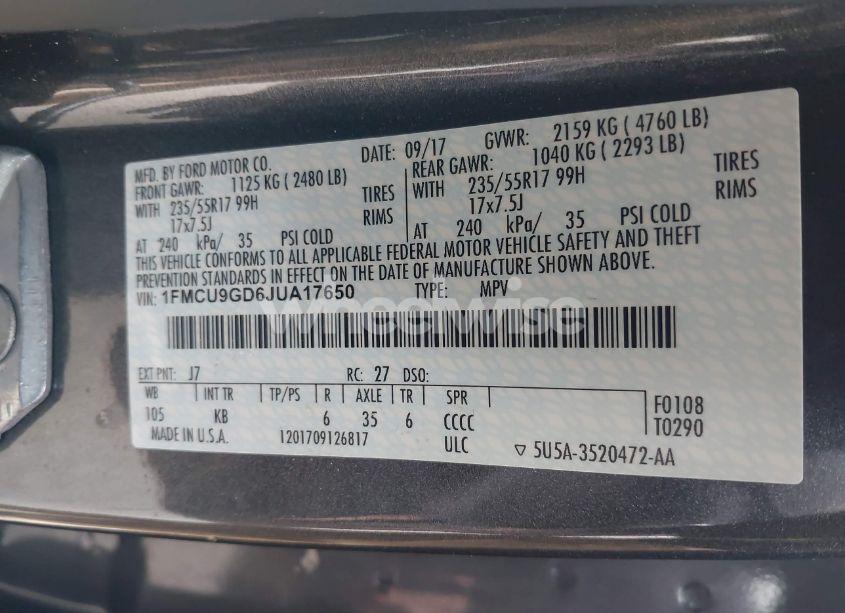 Photo 9 of 2018 Ford Escape SE (VIN 1FMCU9GD6JUA17650)