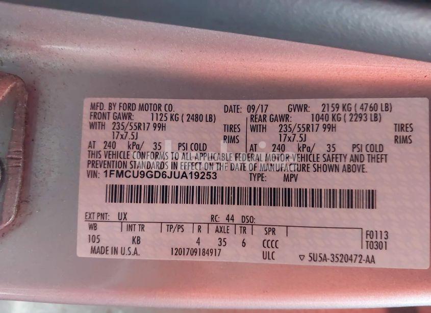 Photo 9 of 2018 Ford Escape SE (VIN 1FMCU9GD6JUA19253)