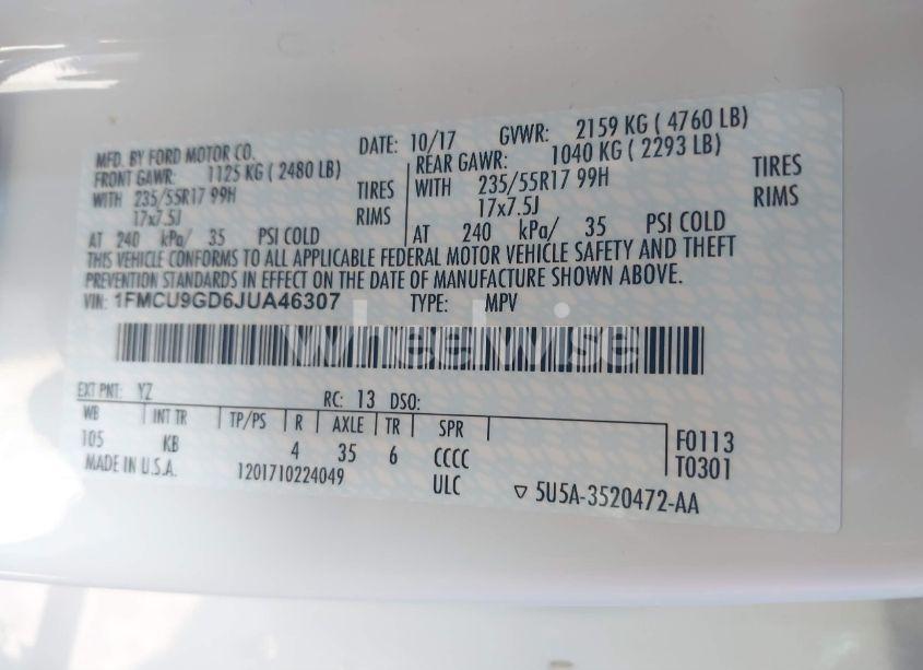 Photo 9 of 2018 Ford Escape SE (VIN 1FMCU9GD6JUA46307)