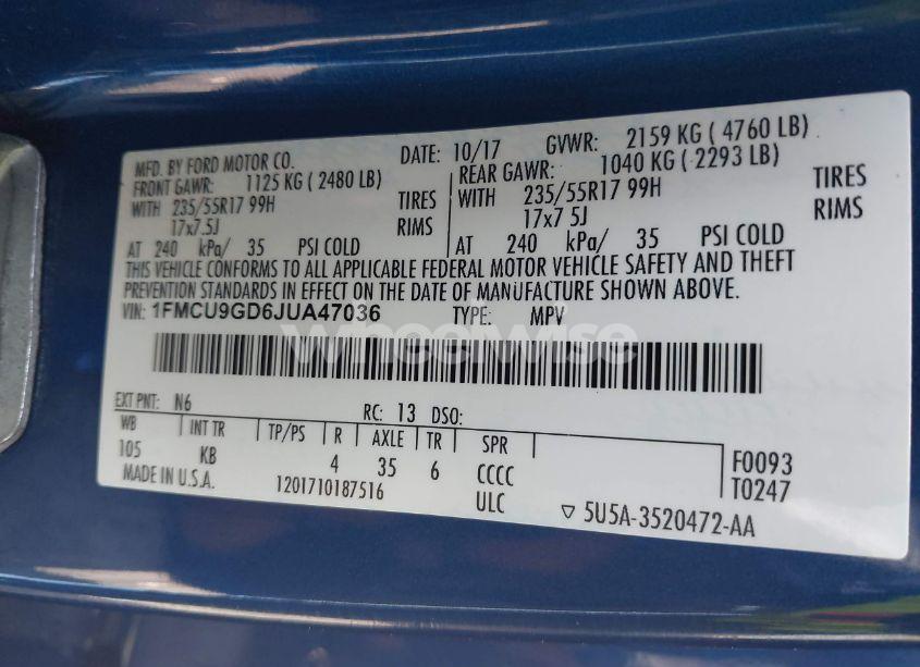 Photo 9 of 2018 Ford Escape SE (VIN 1FMCU9GD6JUA47036)