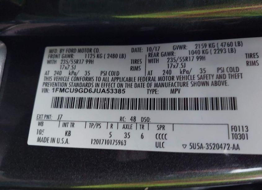 Photo 9 of 2018 Ford Escape SE (VIN 1FMCU9GD6JUA53385)