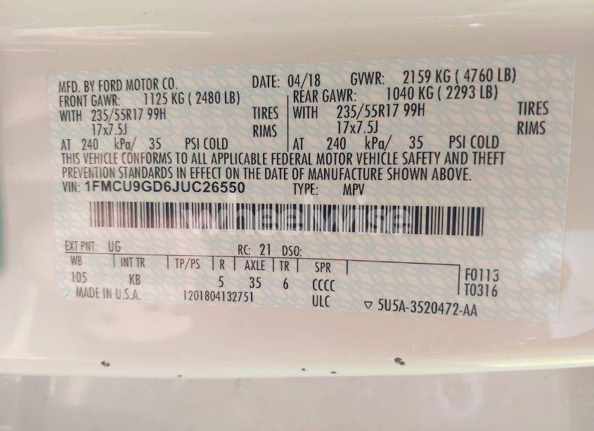 Photo 9 of 2018 Ford Escape SE (VIN 1FMCU9GD6JUC26550)