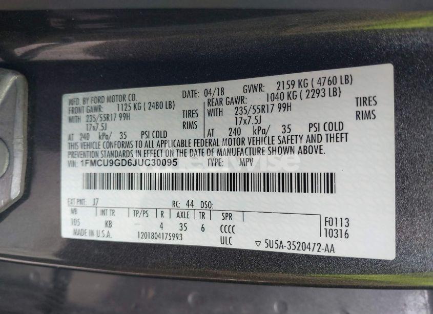 Photo 9 of 2018 Ford Escape SE (VIN 1FMCU9GD6JUC30095)