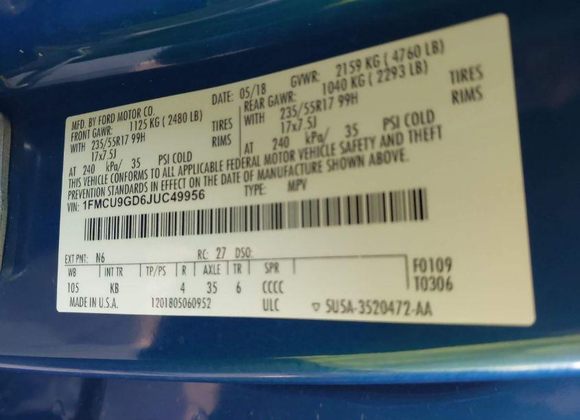 Photo 9 of 2018 Ford Escape SE (VIN 1FMCU9GD6JUC49956)