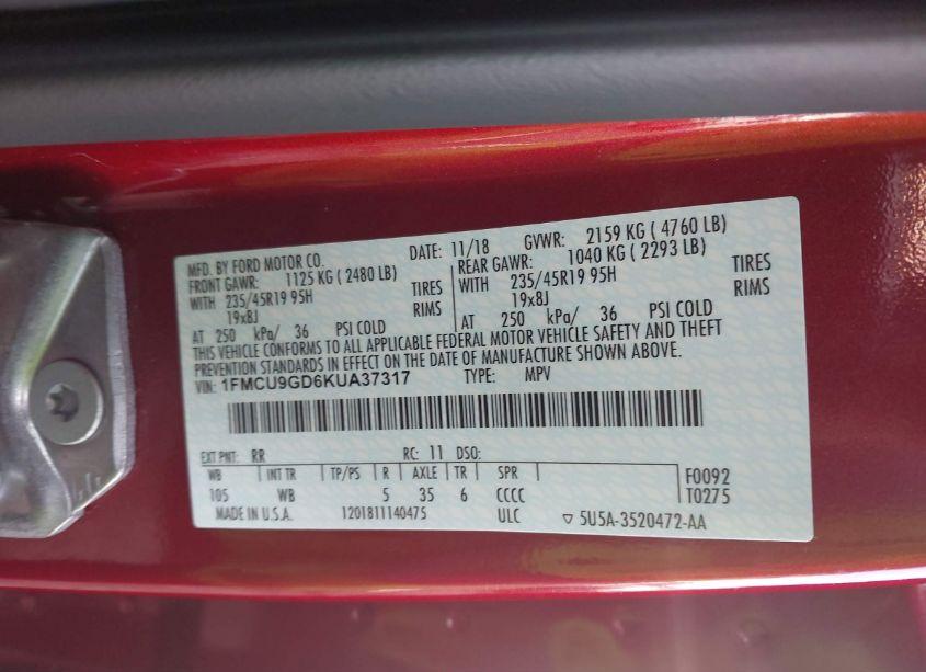 Photo 9 of 2019 Ford Escape SE (VIN 1FMCU9GD6KUA37317)