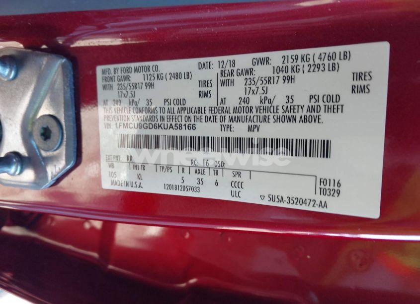 Photo 9 of 2019 Ford Escape SE (VIN 1FMCU9GD6KUA58166)