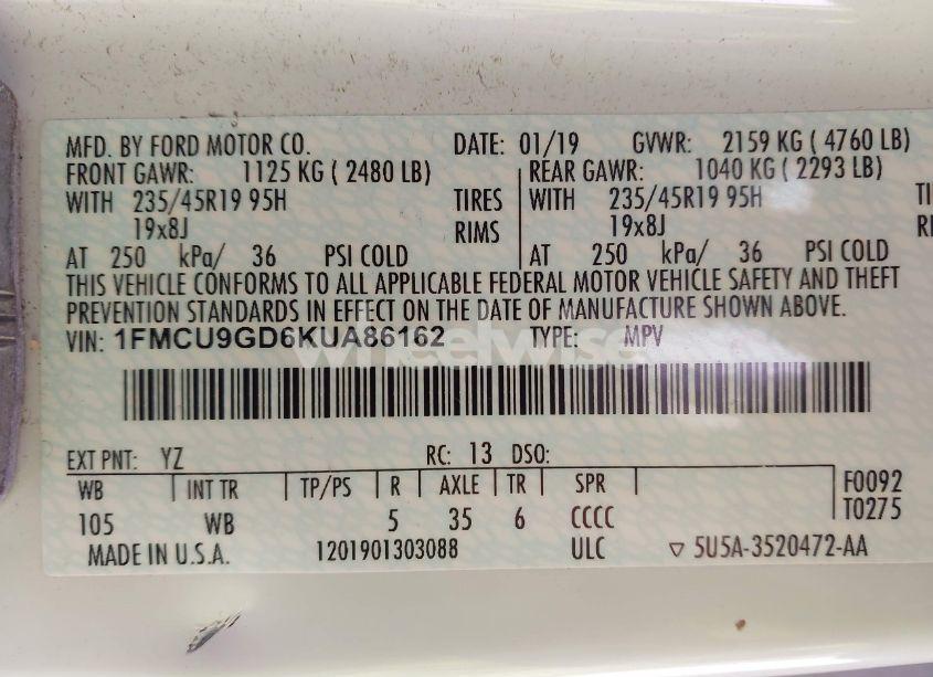 Photo 9 of 2019 Ford Escape SE (VIN 1FMCU9GD6KUA86162)