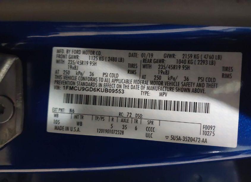 Photo 9 of 2019 Ford Escape SE (VIN 1FMCU9GD6KUB09553)