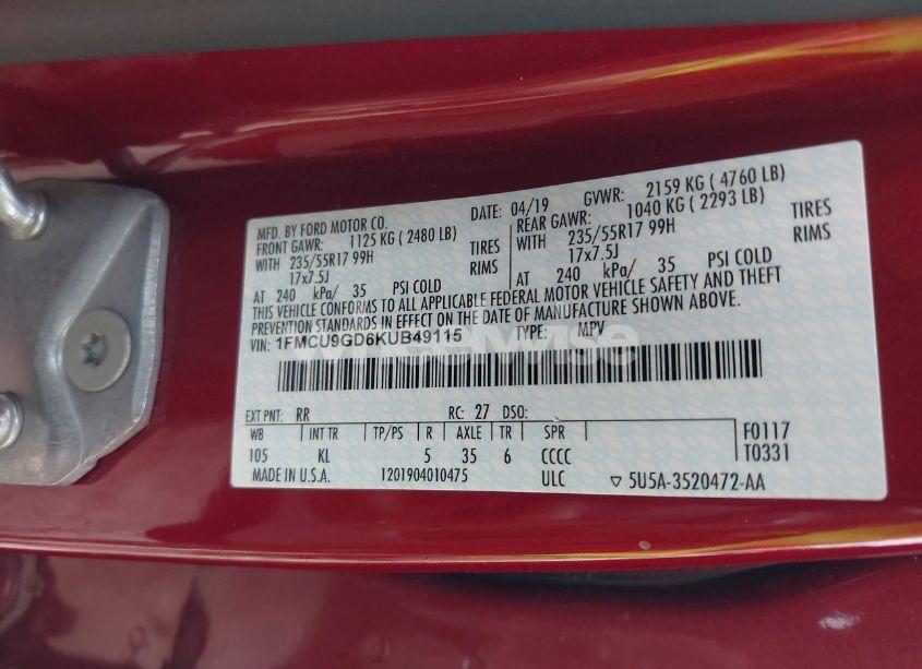 Photo 9 of 2019 Ford Escape SE (VIN 1FMCU9GD6KUB49115)