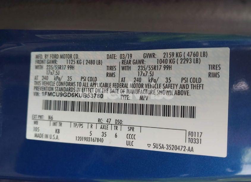 Photo 9 of 2019 Ford Escape SE (VIN 1FMCU9GD6KUB53780)