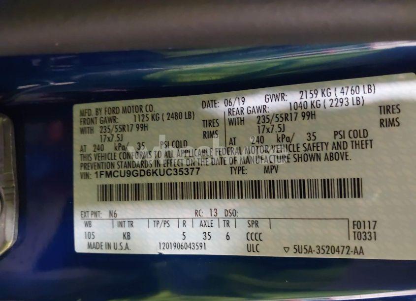 Photo 9 of 2019 Ford Escape SE (VIN 1FMCU9GD6KUC35377)