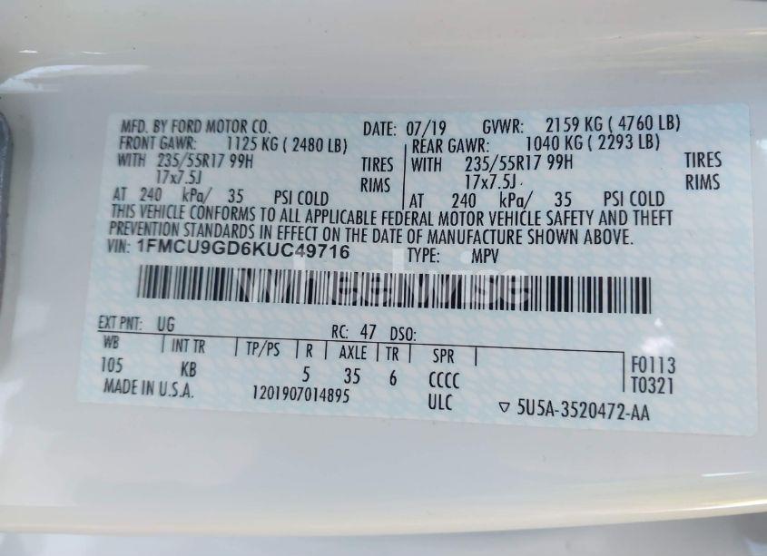 Photo 9 of 2019 Ford Escape SE (VIN 1FMCU9GD6KUC49716)