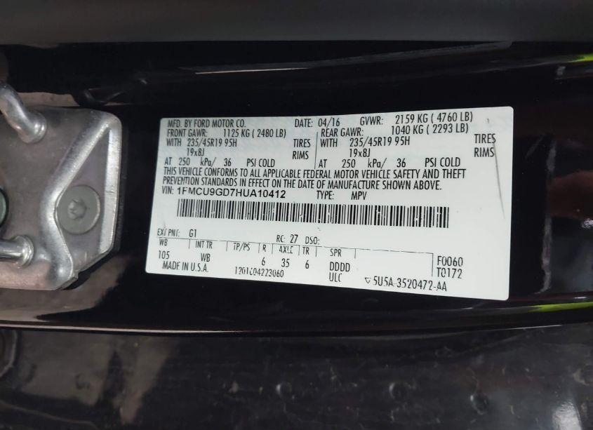 Photo 9 of 2017 Ford Escape SE (VIN 1FMCU9GD7HUA10412)