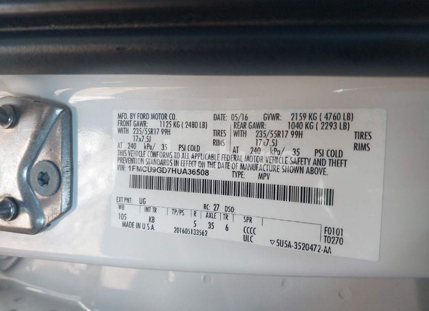 Photo 9 of 2017 Ford Escape SE (VIN 1FMCU9GD7HUA36508)