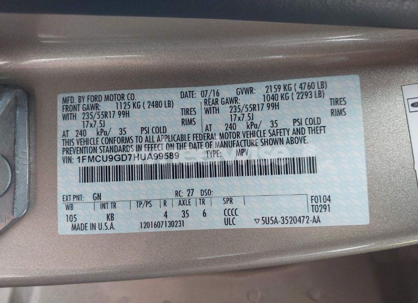 Photo 9 of 2017 Ford Escape SE (VIN 1FMCU9GD7HUA99589)