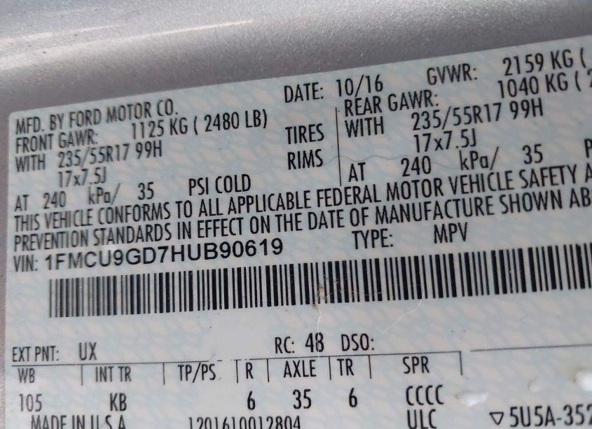 Photo 9 of 2017 Ford Escape SE (VIN 1FMCU9GD7HUB90619)