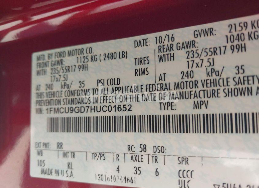 Photo 9 of 2017 Ford Escape SE (VIN 1FMCU9GD7HUC01652)