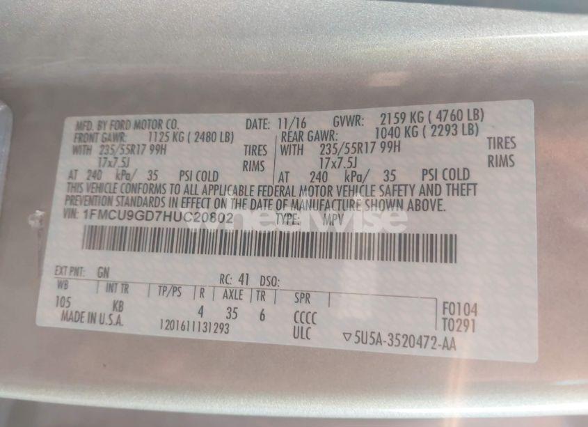 Photo 9 of 2017 Ford Escape SE (VIN 1FMCU9GD7HUC20802)