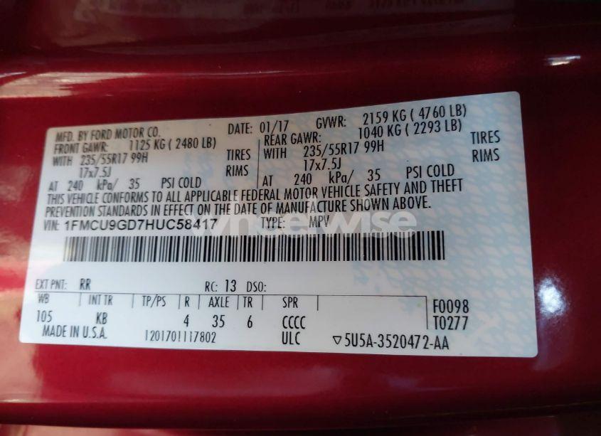 Photo 9 of 2017 Ford Escape SE (VIN 1FMCU9GD7HUC58417)