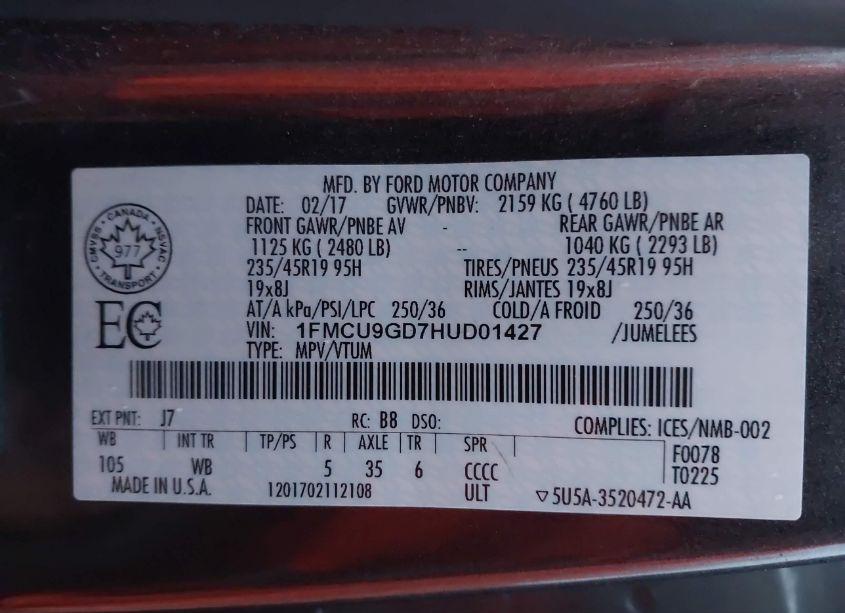 Photo 9 of 2017 Ford Escape SE (VIN 1FMCU9GD7HUD01427)