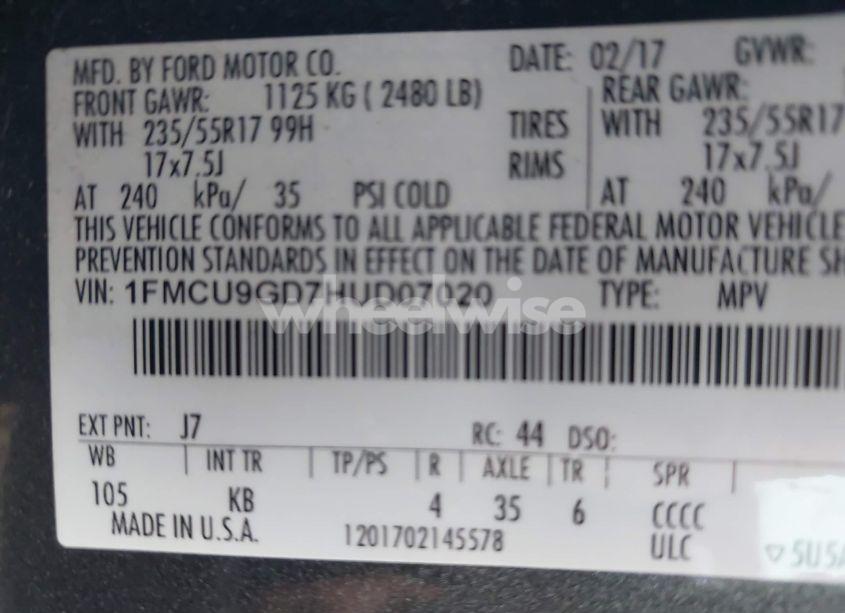 Photo 9 of 2017 Ford Escape SE (VIN 1FMCU9GD7HUD07020)