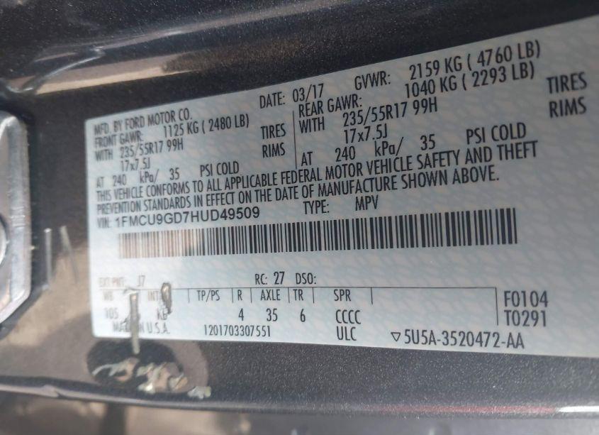 Photo 9 of 2017 Ford Escape SE (VIN 1FMCU9GD7HUD49509)