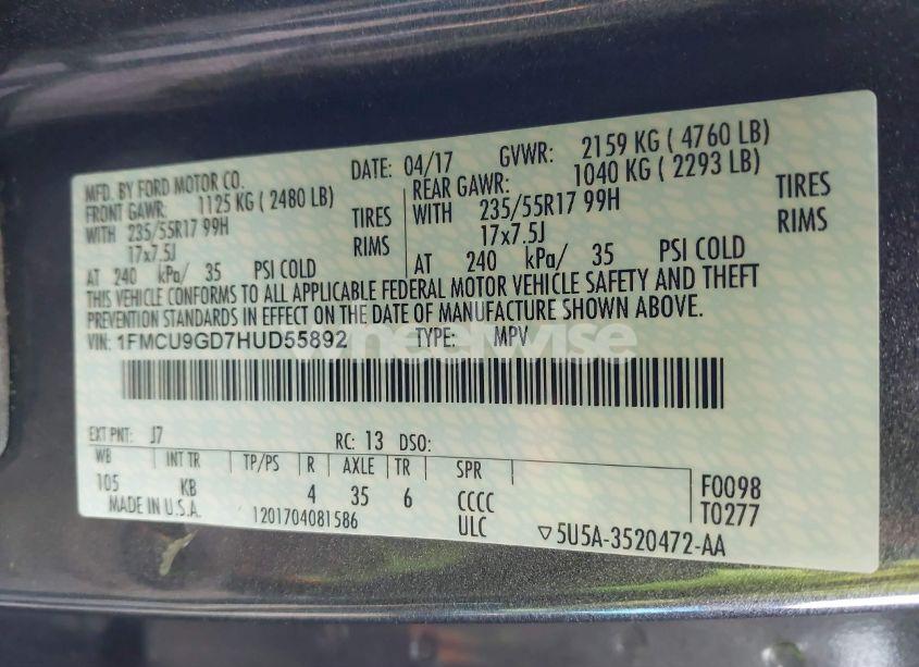 Photo 9 of 2017 Ford Escape SE (VIN 1FMCU9GD7HUD55892)