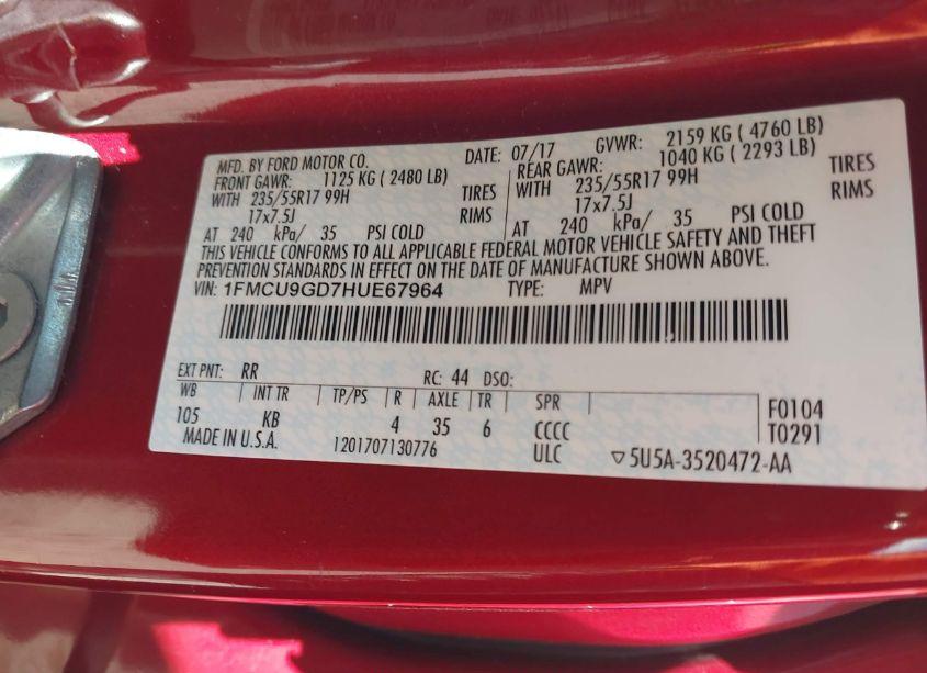 Photo 9 of 2017 Ford Escape SE (VIN 1FMCU9GD7HUE67964)