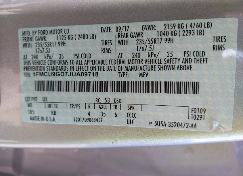 Photo 9 of 2018 Ford Escape SE (VIN 1FMCU9GD7JUA09718)