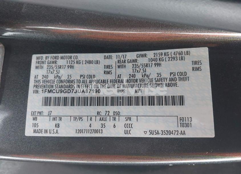 Photo 9 of 2018 Ford Escape SE (VIN 1FMCU9GD7JUA87190)