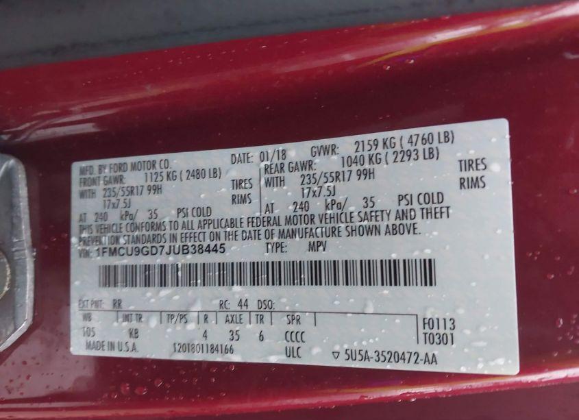 Photo 9 of 2018 Ford Escape SE (VIN 1FMCU9GD7JUB38445)