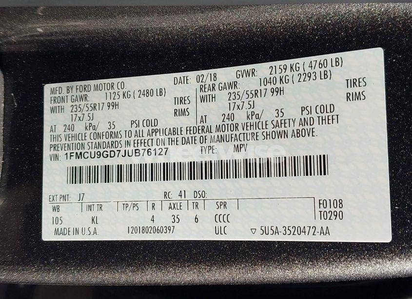 Photo 9 of 2018 Ford Escape SE (VIN 1FMCU9GD7JUB76127)