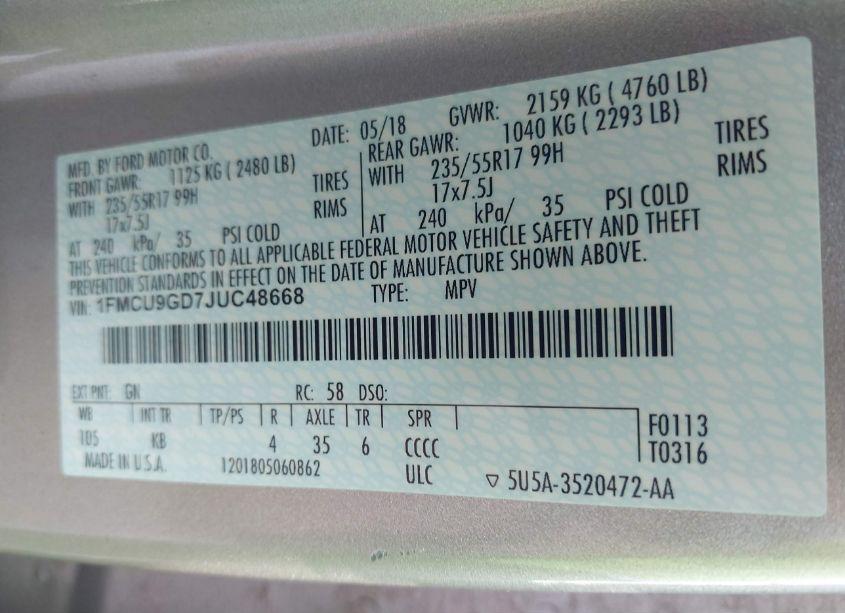 Photo 9 of 2018 Ford Escape SE (VIN 1FMCU9GD7JUC48668)